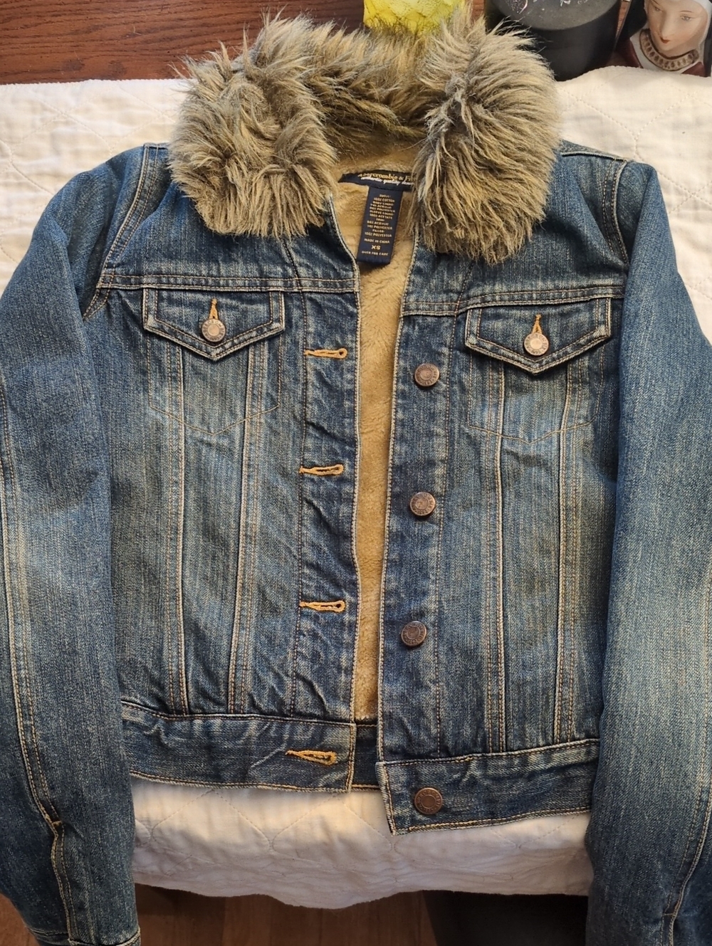 Abercrombie & Fitch Blue Denim Jacket with Faux Fur Collar